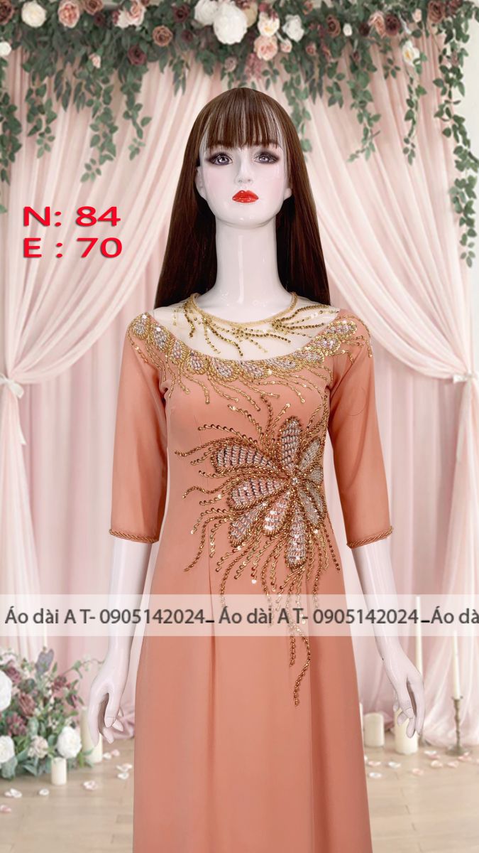 Áo dài trung niên màu cam đất chất liệu chiphon 4 tà 